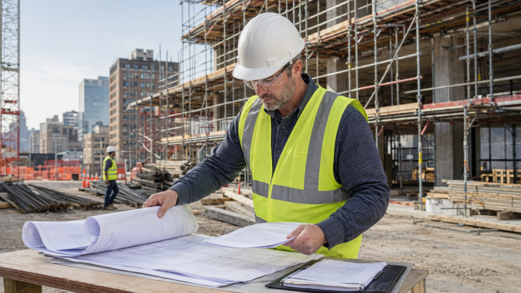 New York contractor reviewing Action Over insurance coverage at a jobsite